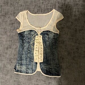 Sheer Mesh Corset Top with Lace-Up Front - Blue/Beige